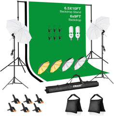 6.5x10ft Backdrop Support System, Professional Photography Lighting Kit with 45W CFL Blub, Umbrellas, 6x9ft Backdrop(White/Black/Green)