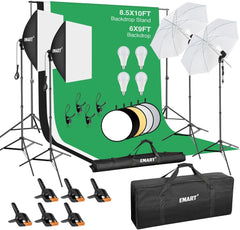 8.5x10Ft Backdrop Stand Kit with 50W LED Bulb, Reflector, 6x9ft Backdrop *3, Umbrellas & Softbox Lighting Kit