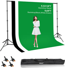 8.5x10ft Green Screen Backdrop Kit with 6x9ft Polyester Backdrop(Black/White/Green)