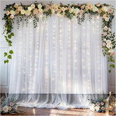 EMART White 10x10ft Tulle Backdrop Curtains with Lights String, Sheer Backdrop Curtains