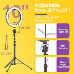 10" Ring Light with 55" Extendable Tripod Stands and Phone Holder, Dimmable LED Circle Round Light