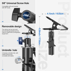 Photography Reflector Holder 5/8" Heavy-Duty Metal Clamp Attachment with Umbrella Hole
