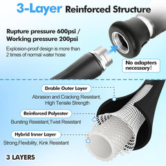 5/8" Hot/Cold Water Hose with High Flow Nozzle, Heavy-Duty & Flexible, -50℉ to 158℉, 3/4" Stainless Steel Fittings