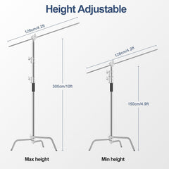 10.8Ft 100% Stainless Steel Heavy-Duty C Stand with Boom Arm and 2 Grip Head