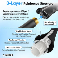 Hot/Cold Garden Hose, Flexible & Light-weight, -50℉-158℉, with Industrial High Pressure Nozzle, 3/4" Brass Fittings