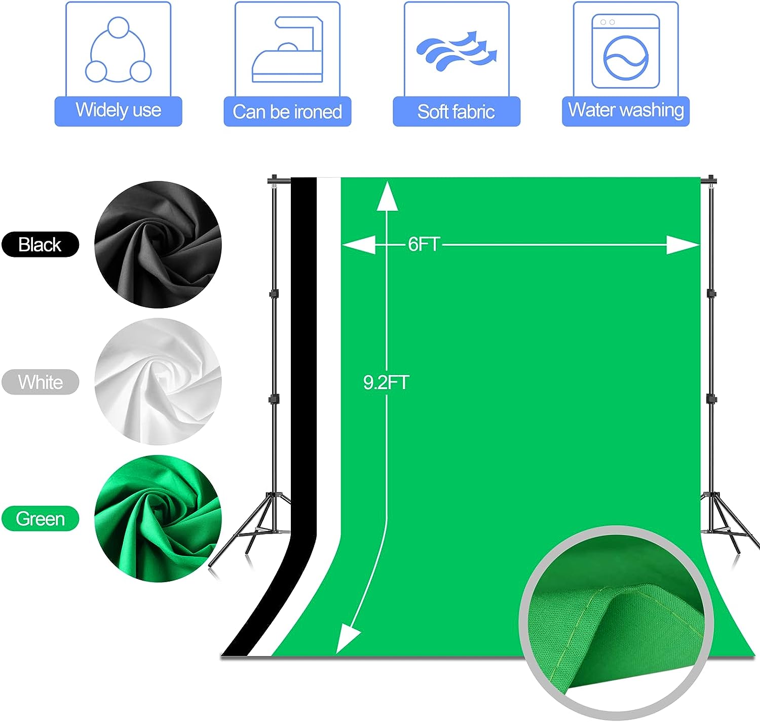 EMART 7×10 ft Stand Kit with Polyester Backdrop(Black/White/Green)