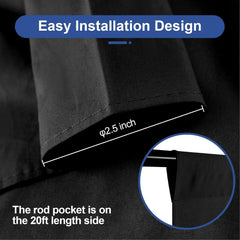 Close-up of a black curtain or fabric panel with overlaid text reading 'Easy Installation Design' and 'The rod pocket is on the 20ft length side,' plus a circular inset showing the rod pocket detail and a dimension marking of 'Φ2.5 inch.