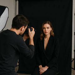 Photographer taking a picture of a model in a studio setting