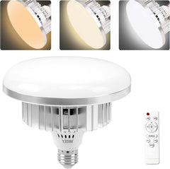 EMART round 135W LED photography bulb with a wireless remote and examples of warm, neutral and cool lighting.