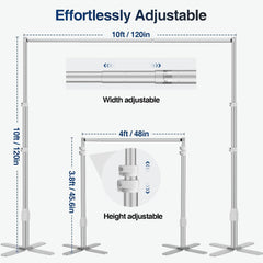 Backdrop stand diagram showing 3.8-to-10-foot height and 4-to-10-foot width adjustment.