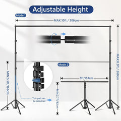 EMART adjustable backdrop stand dimension diagram showing standard and short T-shaped configurations with crossbar and height-lock details.