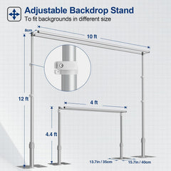 Double-crossbar backdrop stand diagram showing adjustable height from 4.4 to 12 feet and width from 4 to 10 feet.