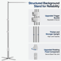 Backdrop upright with close-ups of white locking clamps, the silver pole and the rotating base connector.
