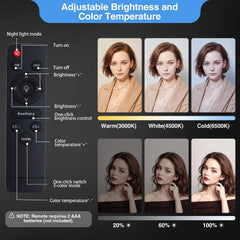 Black EMART remote with labeled controls and portrait comparisons showing color temperature and brightness changes.