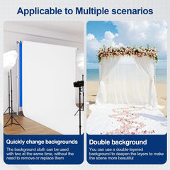Double-backdrop stand shown with photography backgrounds in a studio and layered white drapes at a beach wedding.