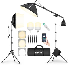 EMART two-softbox lighting kit with a boom arm, LED bulbs, remote, phone app display, cable ties and carry bag.