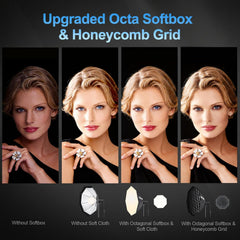 Portrait lighting comparison with no softbox, bare softbox, diffusion cloth and honeycomb grid