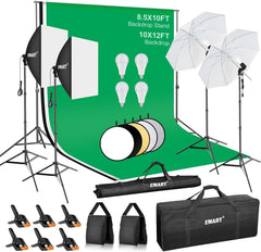 Photography studio equipment set with green backdrop, lights, and accessories on a white background