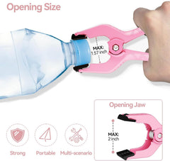 EMART pink spring clamp gripping a bottle neck, with diagrams showing jaw opening measurements.