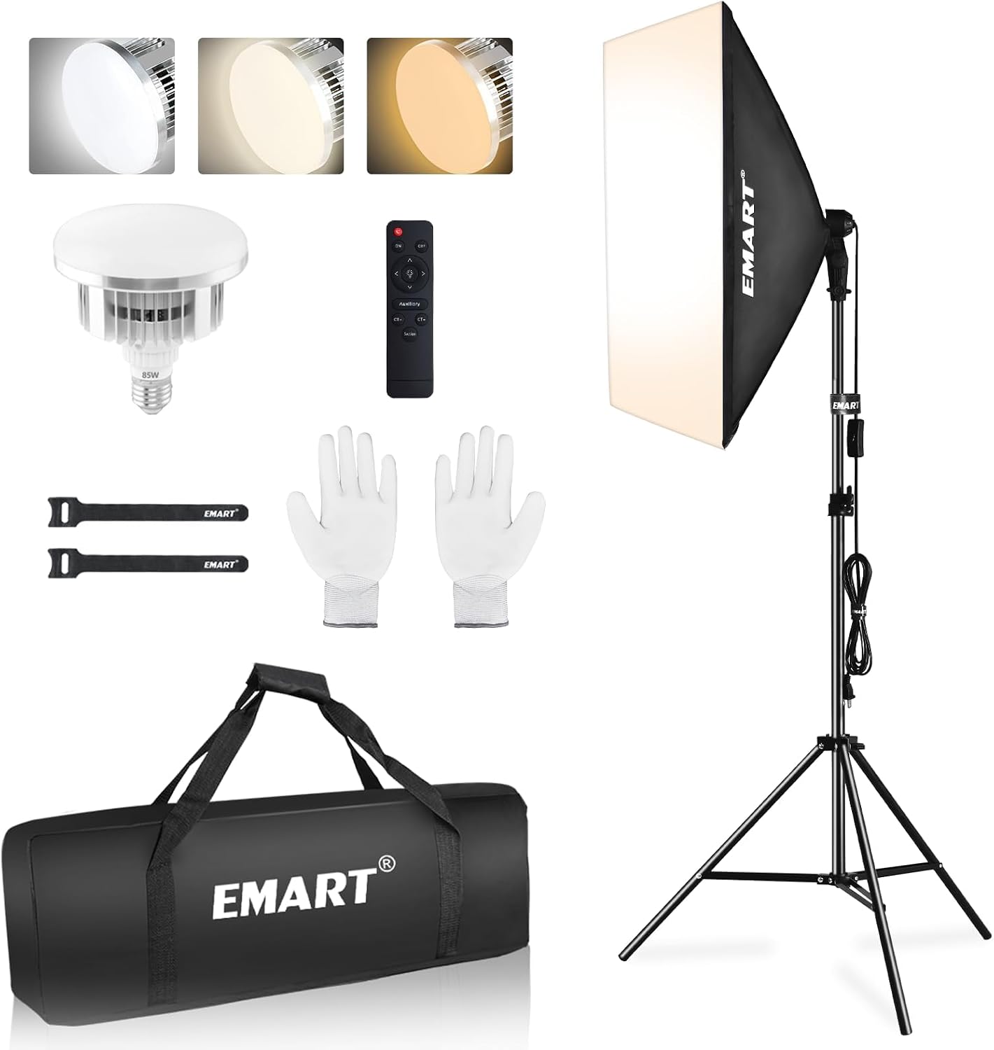 EMART single softbox lighting kit with tripod stand, LED bulb, remote, cable ties, gloves, and carry bag.