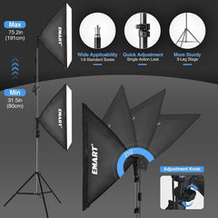 EMART softbox stand with height adjustment, tilt positions, locking clamps, and tripod base details.