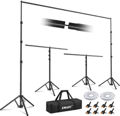 EMART backdrop stand shown in standard and T-shaped configurations with a carrying bag, two water weight bags and eight spring clamps.