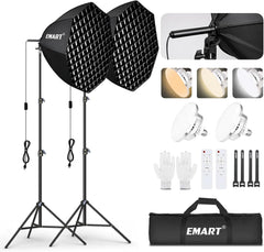 Two EMART octagonal softboxes with grids, stands, LED bulbs, remotes, gloves, cable ties and carrying bag.