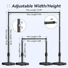 Water-base backdrop stand diagram showing extended and retracted height and width with connector close-ups.