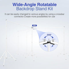 White three-stand backdrop frame in an angled configuration with a close-up of the rotating center connector labeled 308 degrees.