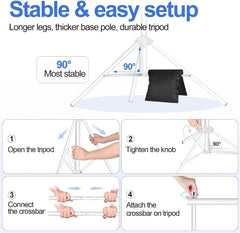 White backdrop tripod with a black sandbag and four illustrated setup steps for opening legs, tightening knobs and attaching the crossbar.