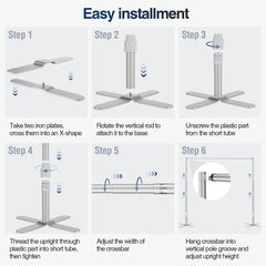 Six-step backdrop stand assembly diagram showing X-shaped bases, uprights and the adjustable crossbar.