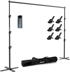 EMART studio backdrop stand kit with a black metal frame, six black clips, a blue-and-black spring clip, and a black carrying case on a white background.
