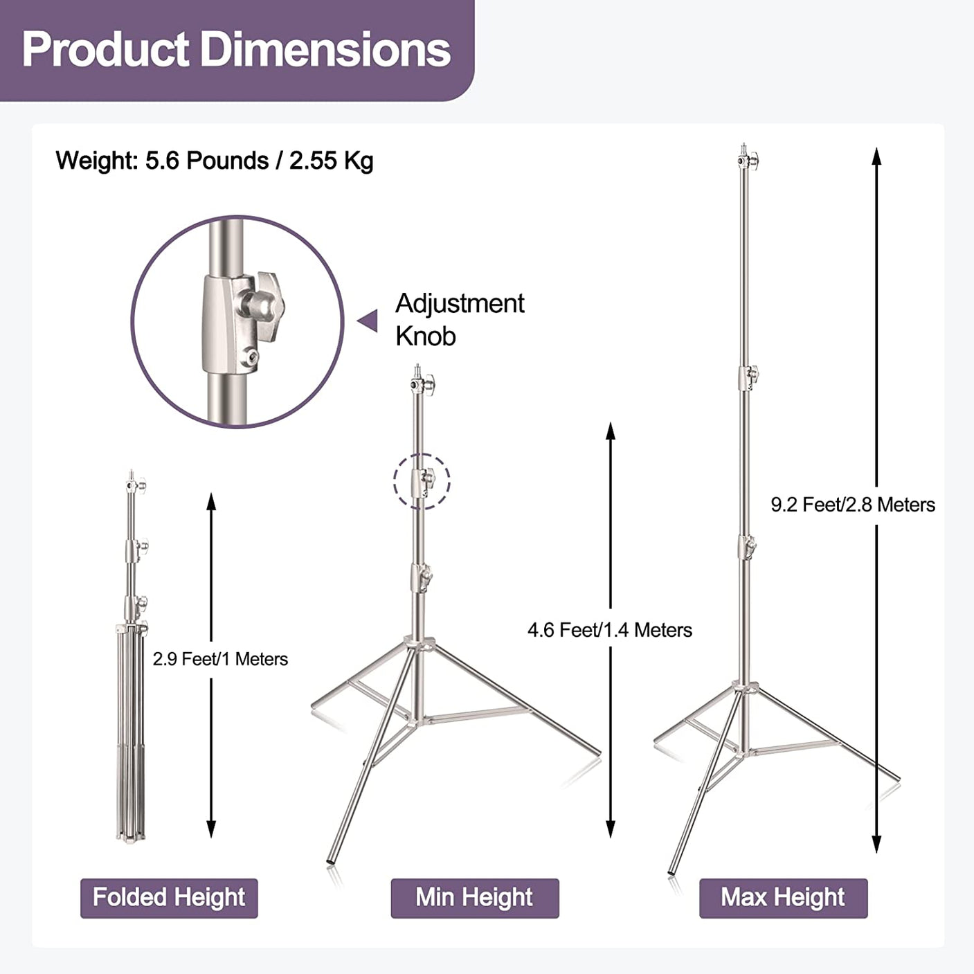 9.2ft/2.8m Stainless Steel Light Stand- 2 Pack