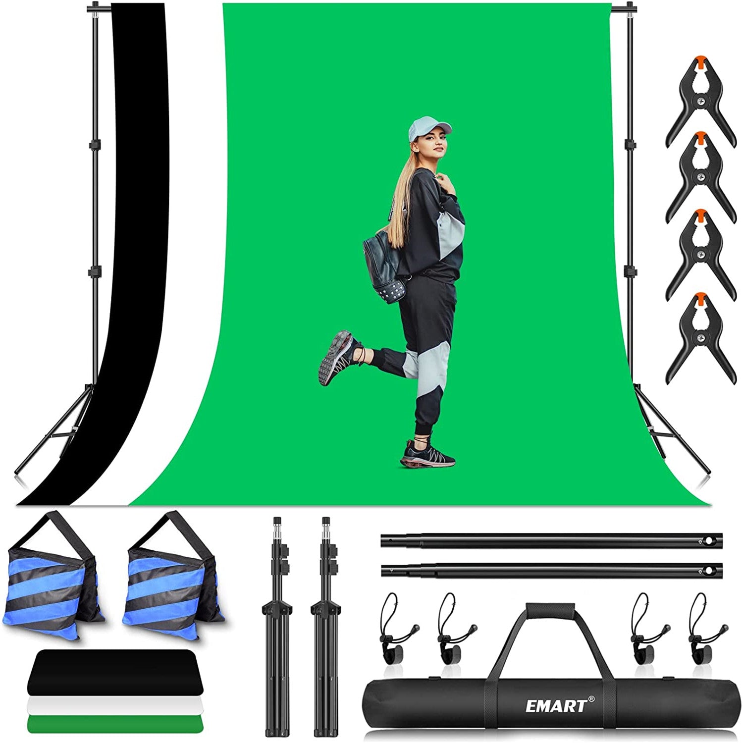 EMART 7×10ft Photo Video Studio Backdrop Stand Kit,Adjustable Photography Support System with Polyester Background(Black/White/Green Screen) - EMART INTERNATIONAL, INC (Official Website)
