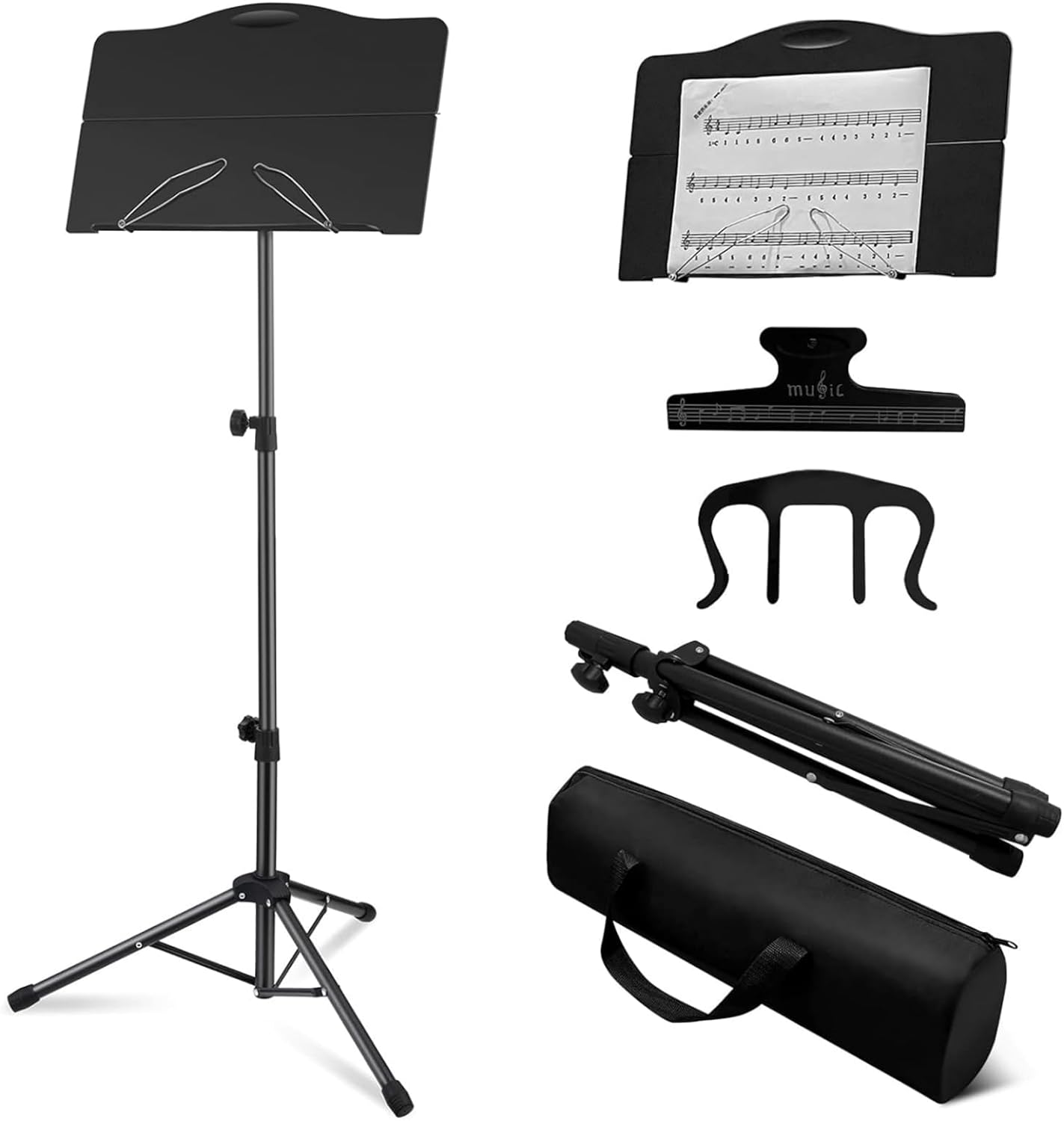 OUKMIC 譜面台 折りたたみ式 楽譜スタンド ブックスタンド 楽譜たて 65cm～135cm調節可能 頑丈 軽量スチール製 持ち運びに便利 ギター、ウクレレ、バイオリニストに適している (楽譜クリップ、ページホルダー 、キャリングバッグ付き)