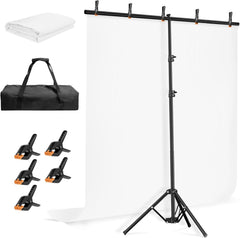 Portable T-Shape Stand Kit with Photo White Background Screen, Reverse Folding Base