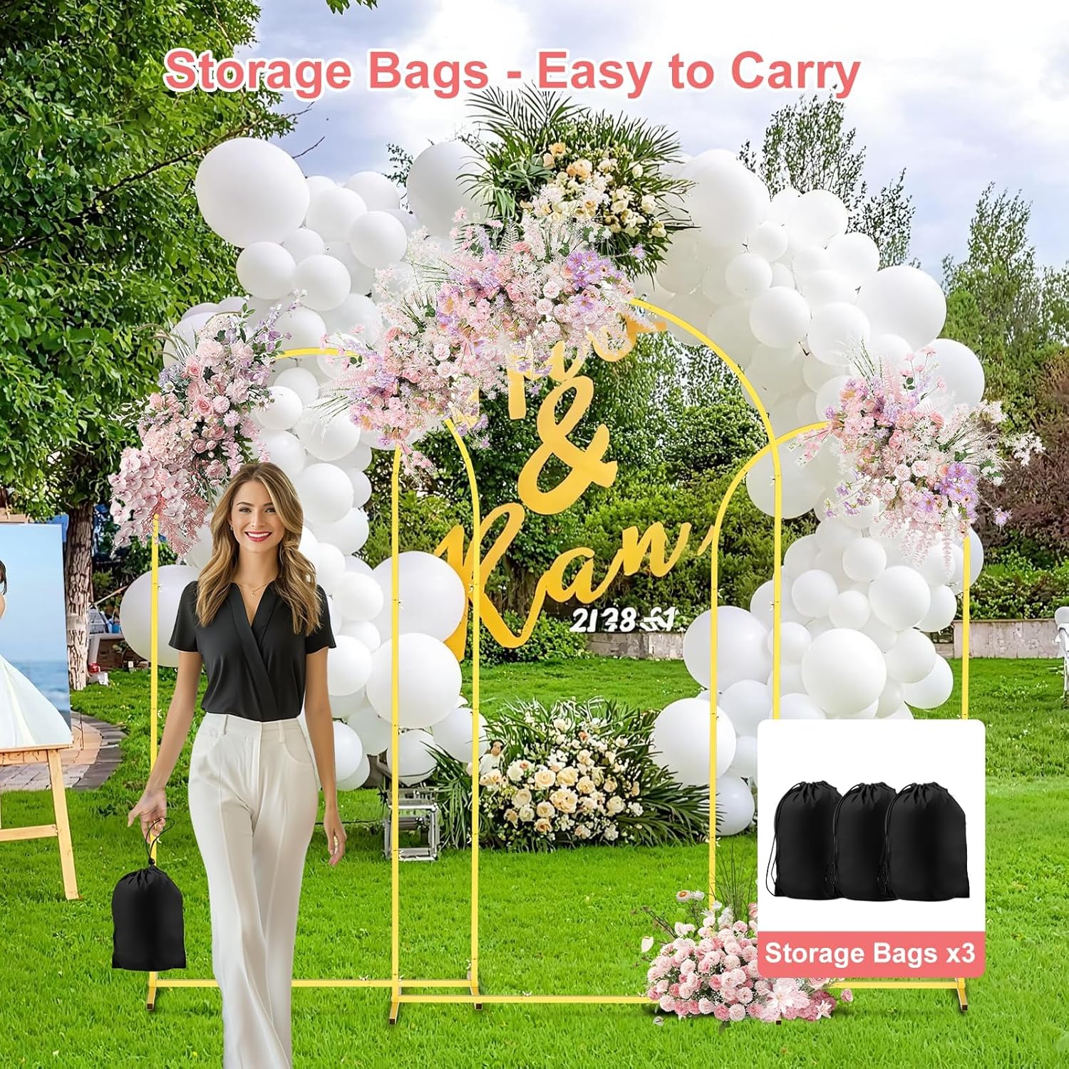 Gold Arch Backdrop Stand Set with 12 Ground Nails/3 Carry Bags