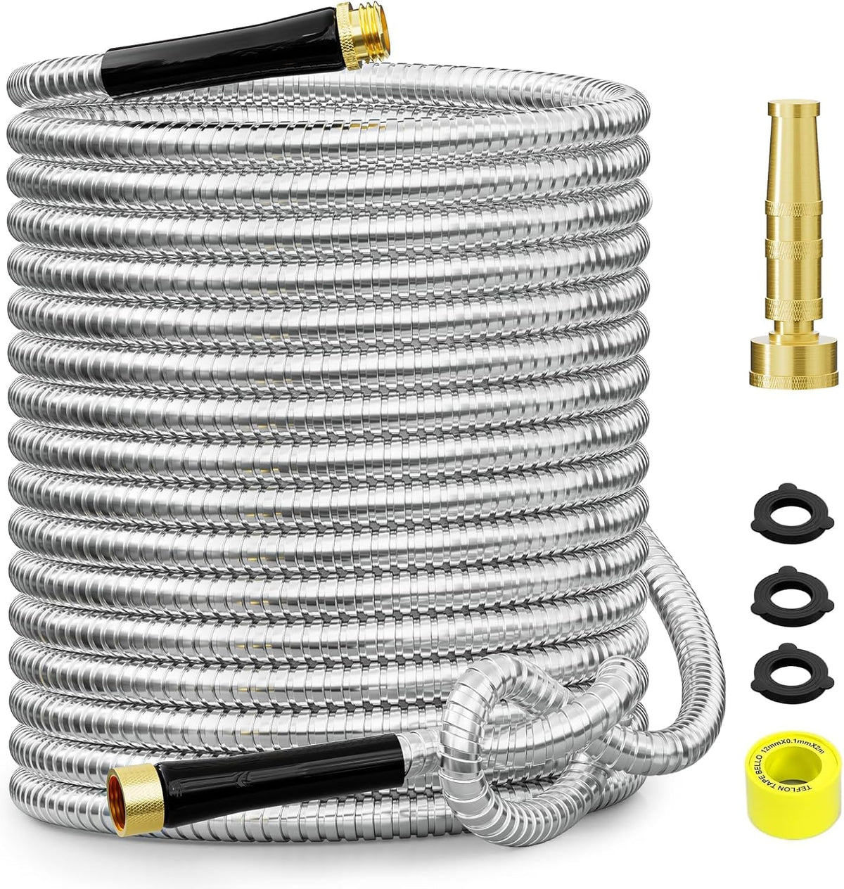 3/8" 304 Stainless Steel Garden Hose Metal Heavy Duty Water Hose, Flexible , 3/4" Solid Brass Connectors, No-Expandable , Rubber Grip