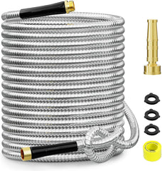 3/8" 304 Stainless Steel Garden Hose Metal Heavy Duty Water Hose, Flexible , 3/4" Solid Brass Connectors, No-Expandable , Rubber Grip