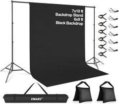 7x10ft Adjustable Photo Backdrop Stand Kit with 9x6ft Portable Black Backdrop Screen