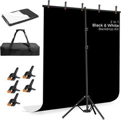 5x6.5ft Portable 2-in-1 Black/White Screen T-Shape Backdrop Stand Kit with Reverse Folding Base