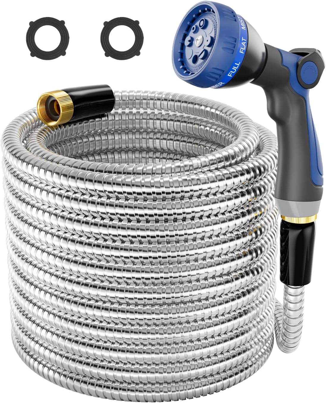 1/2" 304 Stainless Steel Garden Hose, Heavy Duty Metal Nozzle, Flexible, Never Kink & Tangle, Puncture Resistant