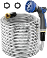1/2" 304 Stainless Steel Garden Hose, Heavy Duty Metal Nozzle, Flexible, Never Kink & Tangle, Puncture Resistant
