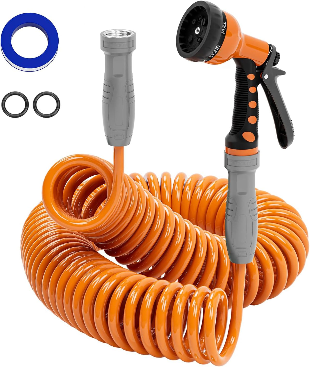 3/8” Light-weight Coil Garden Hose, EVA Flexible Curly Water Pipes with Nozzle