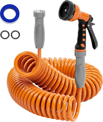 3/8” Light-weight Coil Garden Hose, EVA Flexible Curly Water Pipes with Nozzle