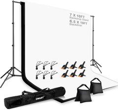 7x10ft Photography Backdrop Stand Kit with 6.5x10ft Polyester Backdrop (White, Black)
