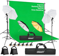 8.5X10 FT Backdrop Stand Kit, Photography Umbrella with 5500K Bulbs, 10X12 FT Green Backdrop