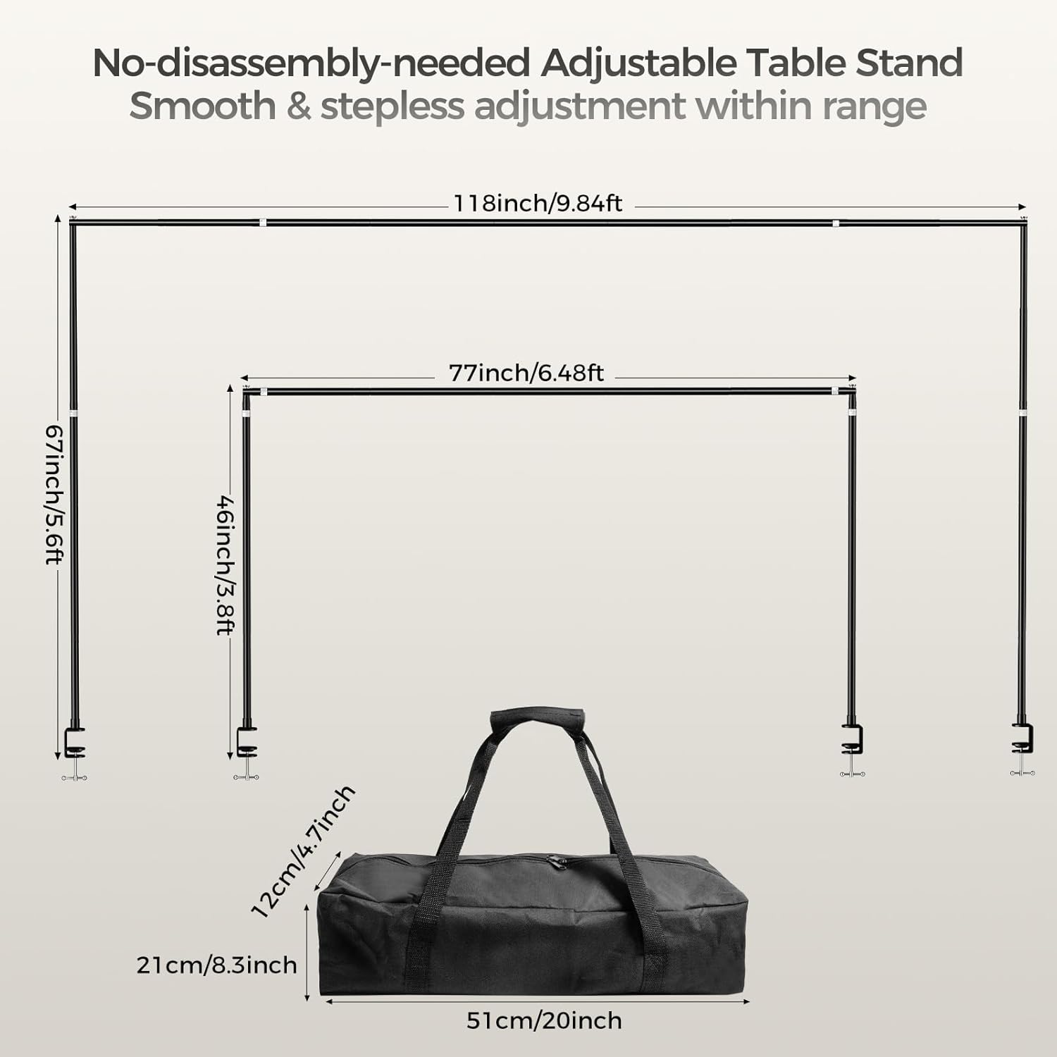 67" Tall & 118" Length Adjustable Table Rod Stand with Clamps