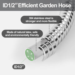 1/2" 304 Stainless Steel Garden Hose, Heavy Duty Metal Nozzle, Flexible, Never Kink & Tangle, Puncture Resistant