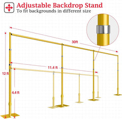 12 X 30Ft Heavy Duty Adjustable Pipe and Drape Photo Background Support Kit with Flat Base-Gold
